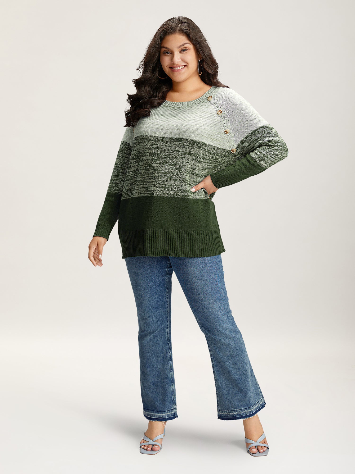 Colorblock Contrast Heather Button Detail Pullover