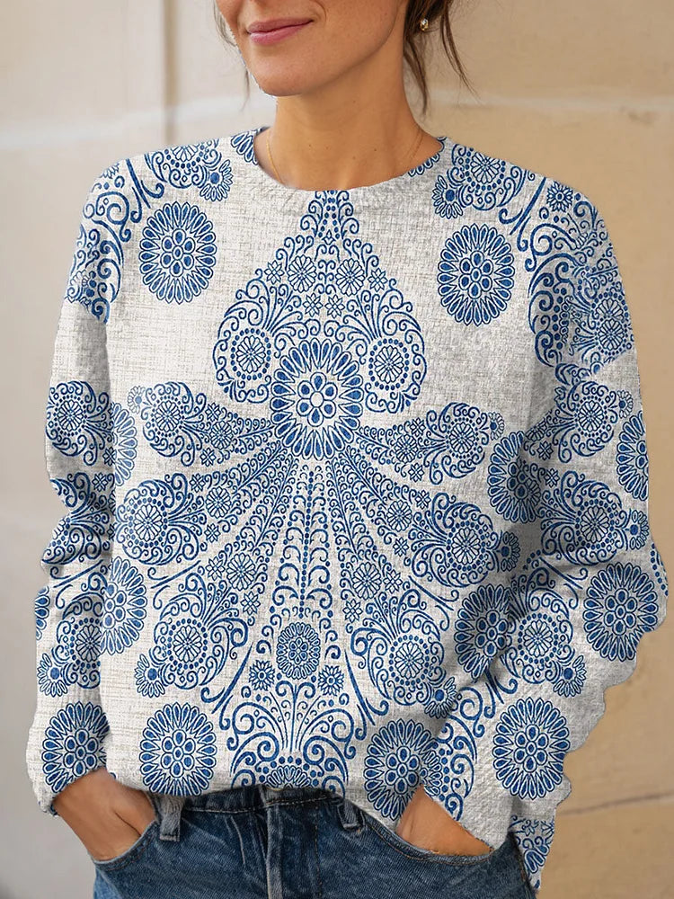 Vintage Flower Art Print Knit Pullover Sweater