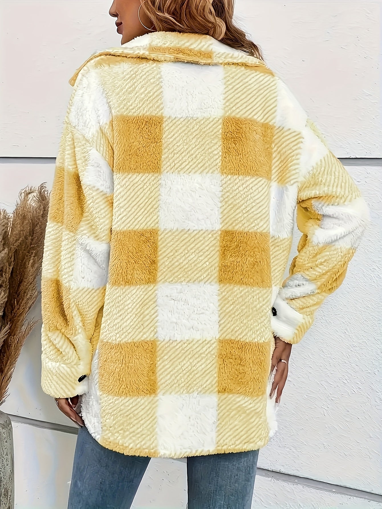 Women's Plush Fleece Winter Jacket - Yellow & White Checkered High Elasticity Coat, Machine Washable Middle Eastern-Inspired Elegance Collection for Fall & Winter