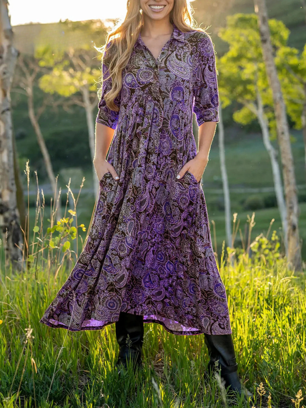 Comfortable Paisley Print Shirt Midi Dress