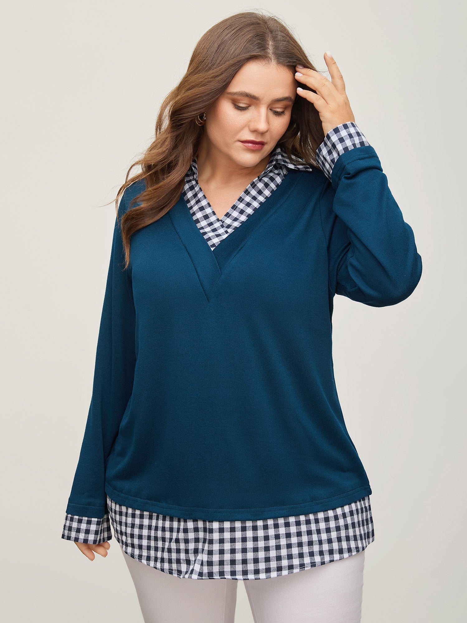 Gingham Patchwork Shirt Collar Arc Hem Sweatshirt