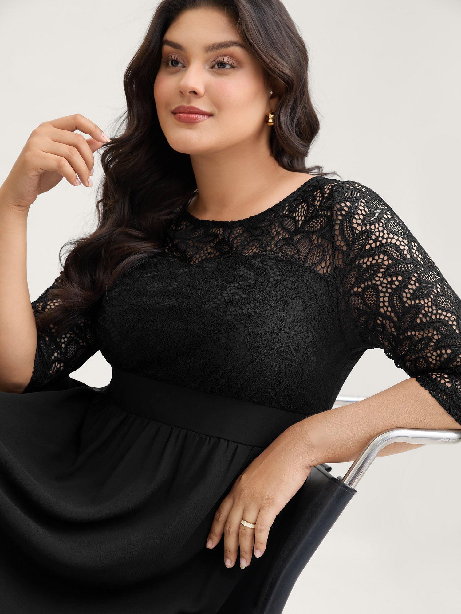 Lace Patchwork Shirred Midi Pocket Dress