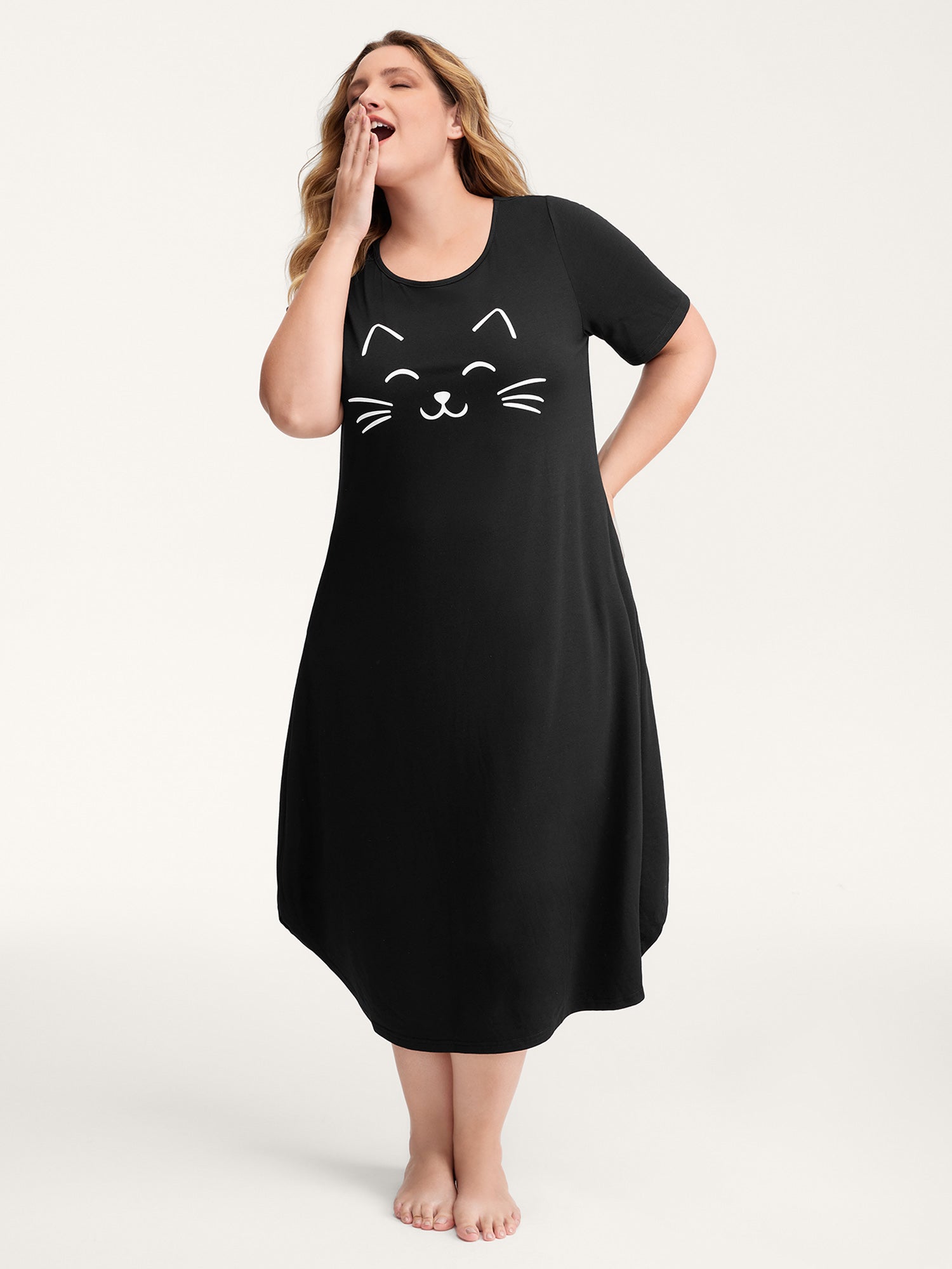 Happy Cat Print Stretchy Contrast Sleep Dress