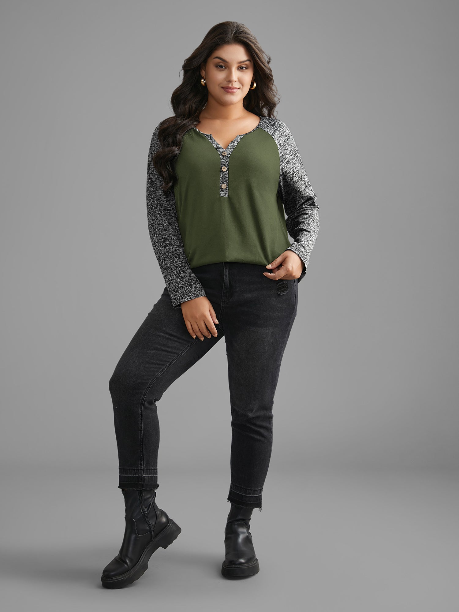 Heather Patchwork Button Detail Stretchy T-Shirt