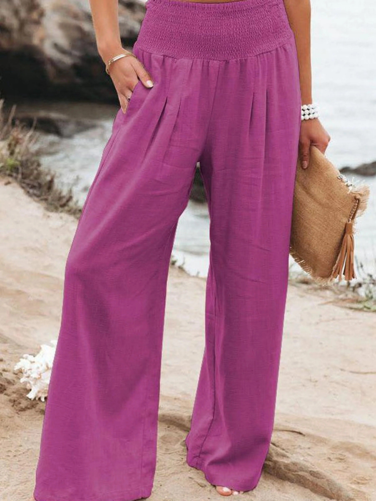 Women's Cotton and Linen Elasticated Waist-waisted Wide-leg Pants