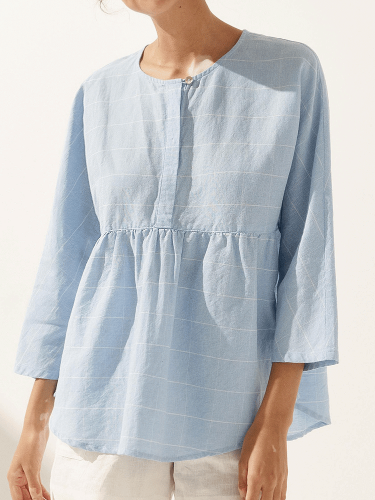 Women's Casual Checked Linen Classic Round Neck Button-Down Shirt