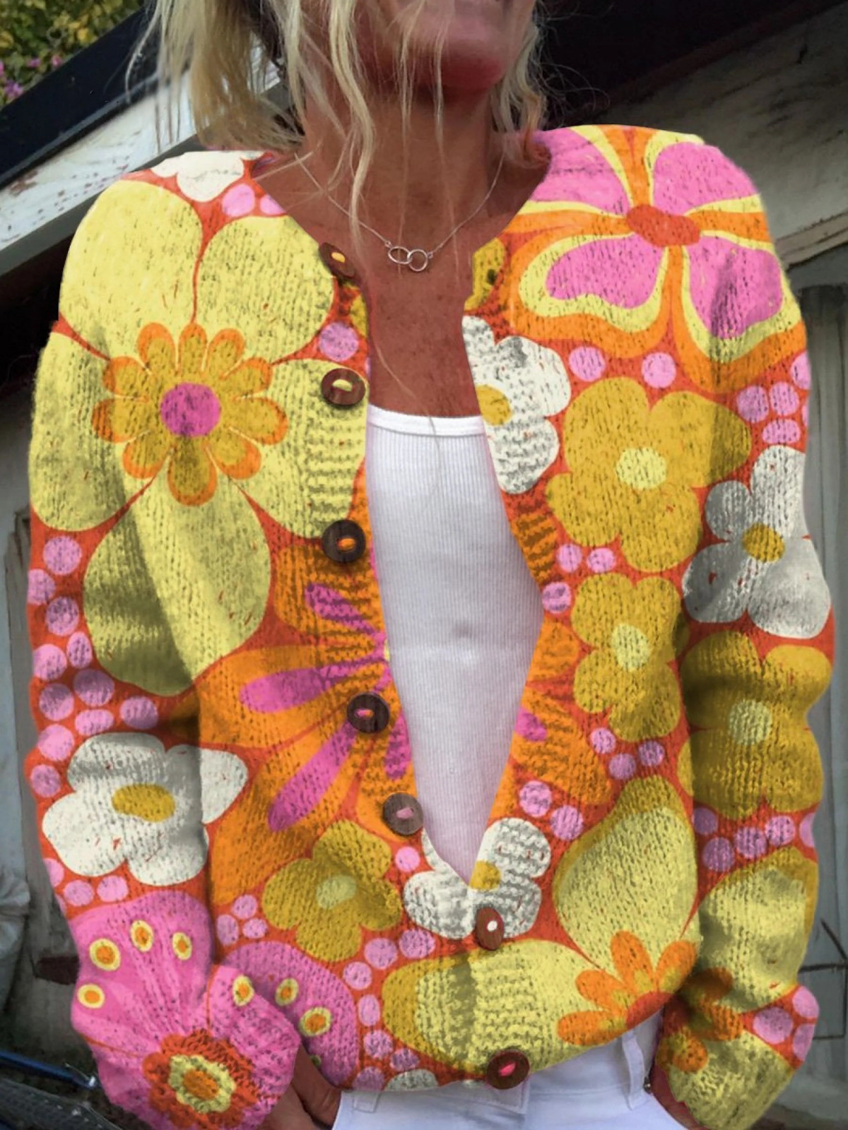 Retro Style Groovy Floral Pattern Print Buttoned Cardigan Sweater