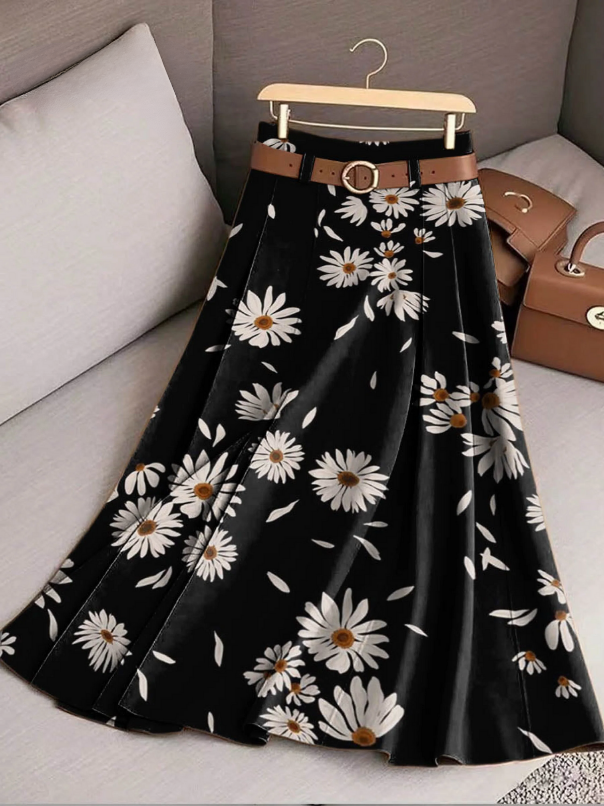 Women's Daisy Print High-Waisted A-Line Casual Skirt