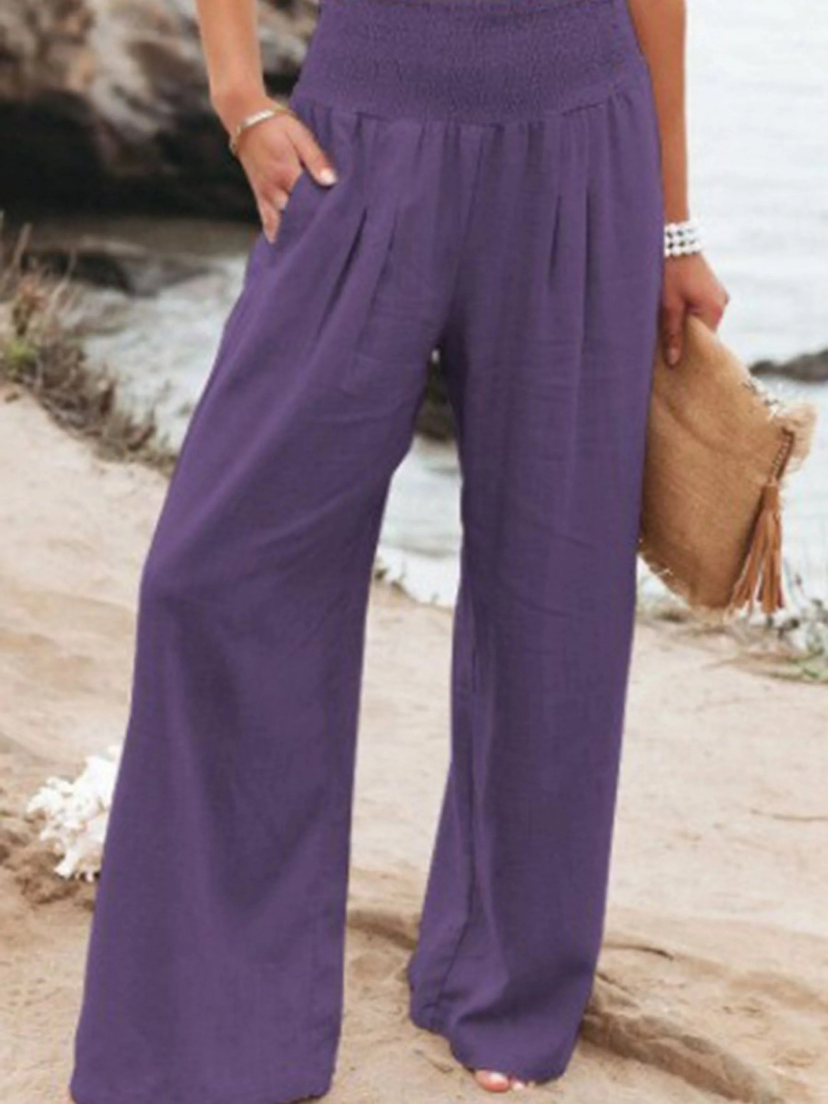Women's Cotton and Linen Elasticated Waist-waisted Wide-leg Pants