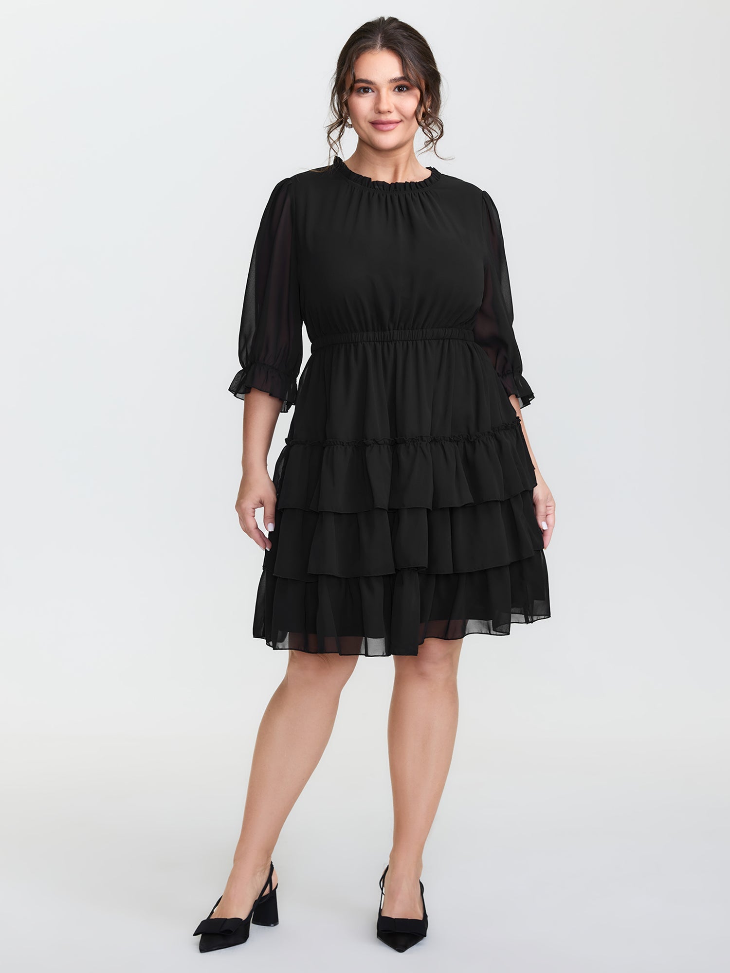 Three-Quarter Sleeve Tulle Skirt Knee-Length Dress