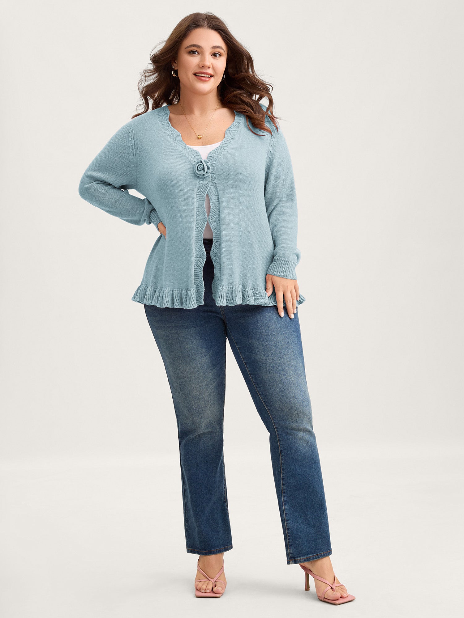 Supersoft Textured Floral Button Ruffled Hem Knit Cardigan