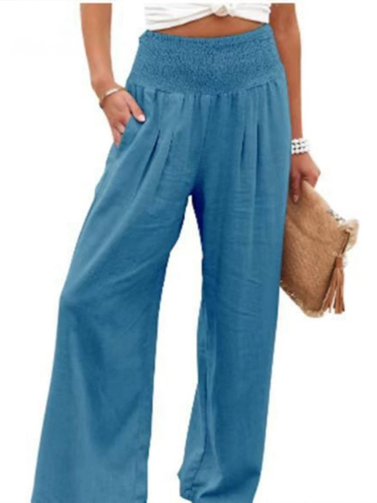 Women's Cotton and Linen Elasticated Waist-waisted Wide-leg Pants