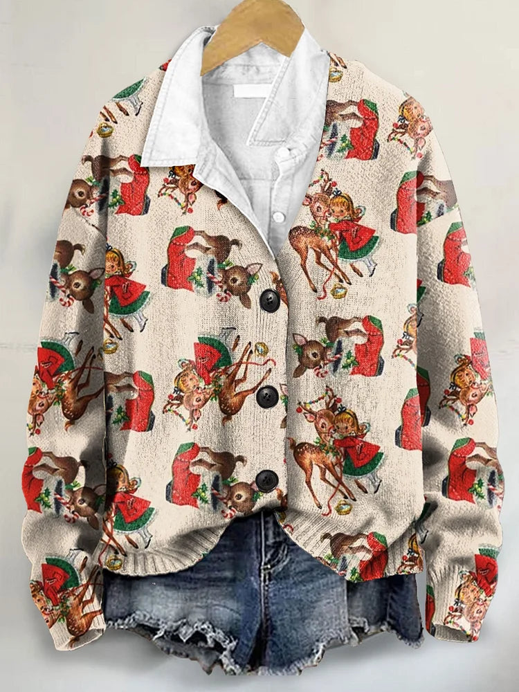 Vintage Christmas Art Print Buttoned V-neck Cardigan Sweater