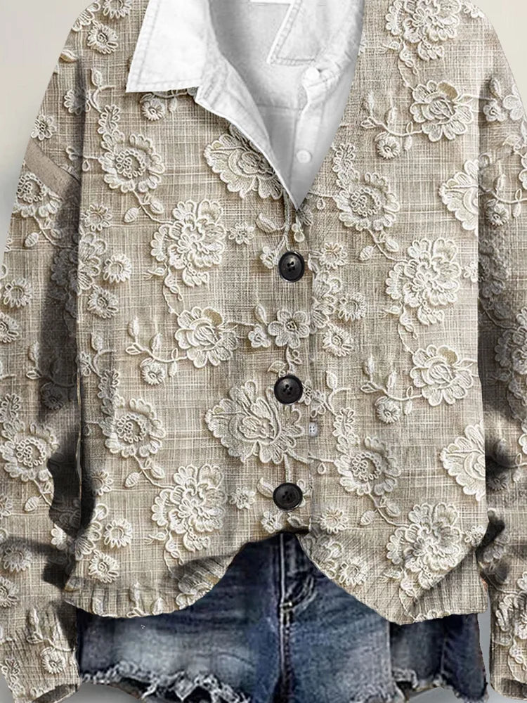 Vintage Lace Floral 3D Art Print Buttoned V-neck Cardigan Sweater