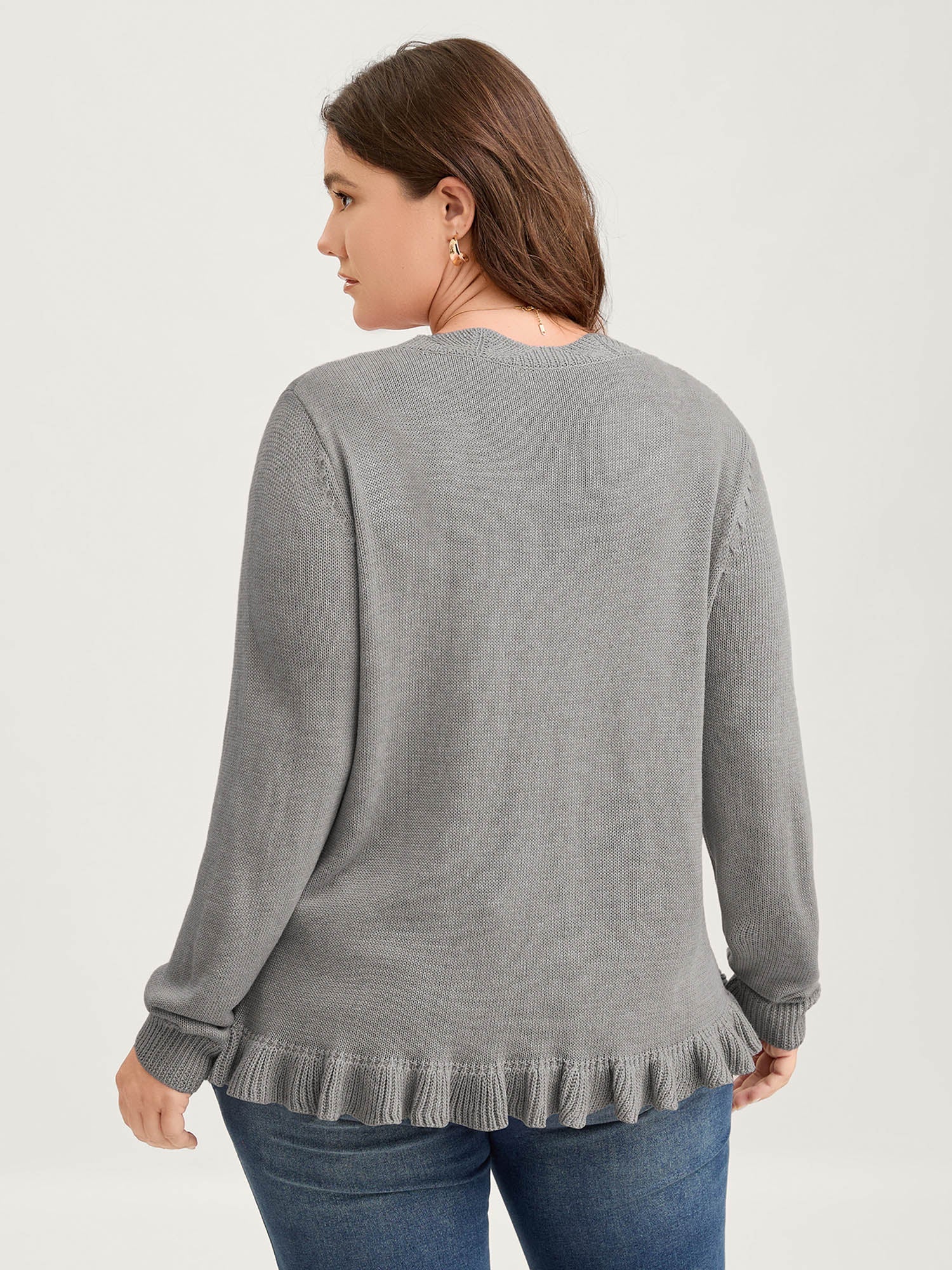 Supersoft Textured Floral Button Ruffled Hem Knit Cardigan