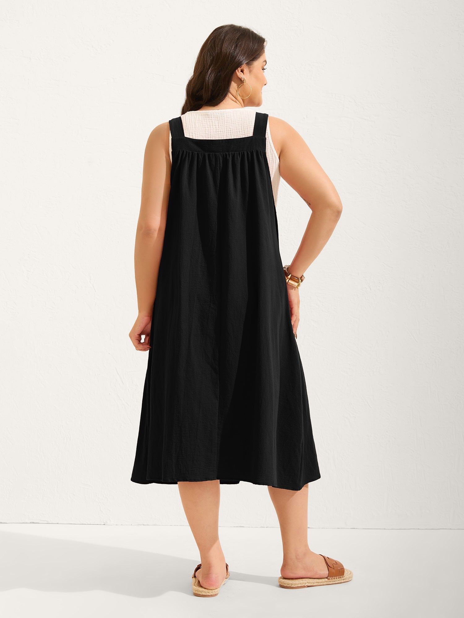 Pure Cotton Pleated Pockets Midi Dress