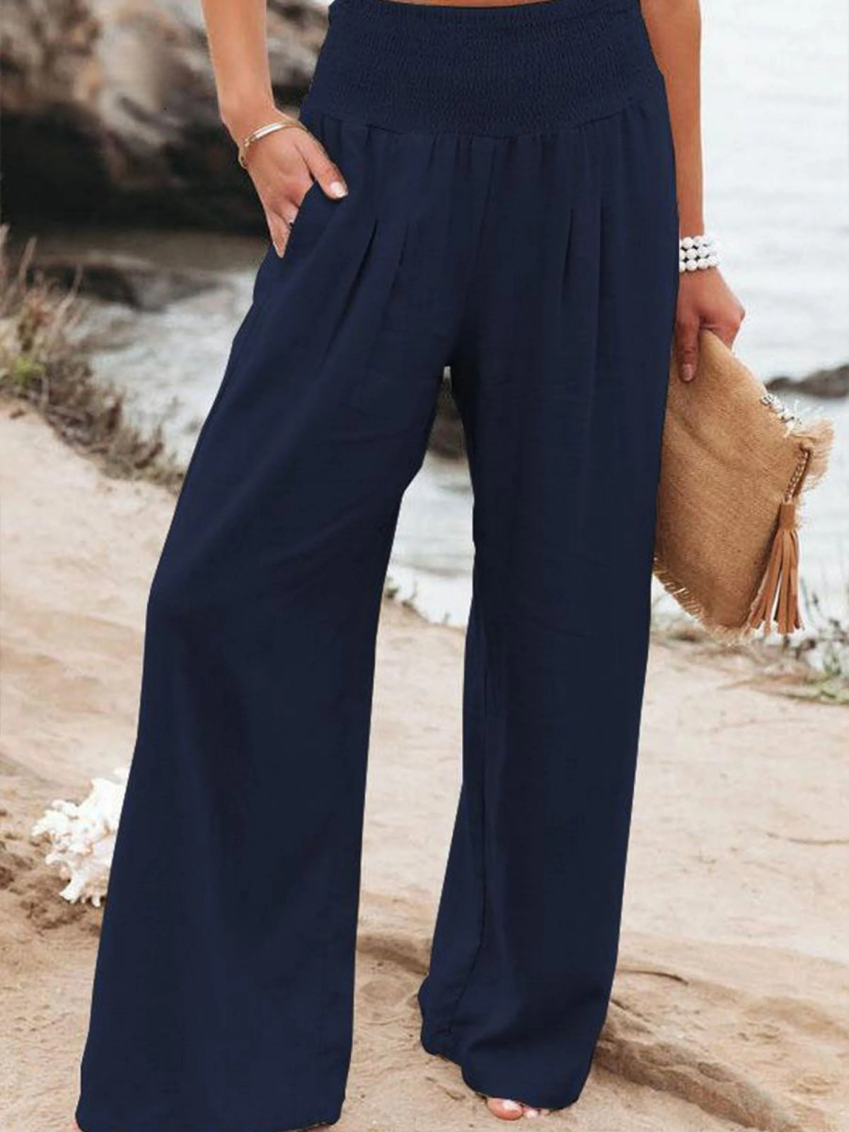 Women's Cotton and Linen Elasticated Waist-waisted Wide-leg Pants