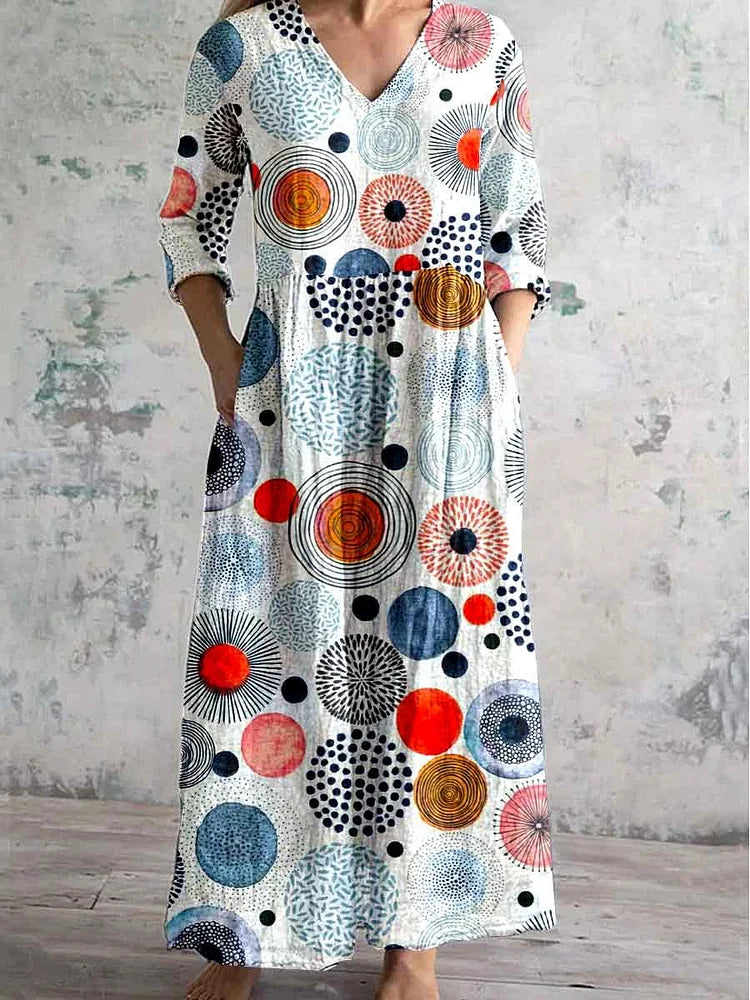 Women's V-neck Seaweed Pattern Resort Style Cotton And Linen Dress With Pockets