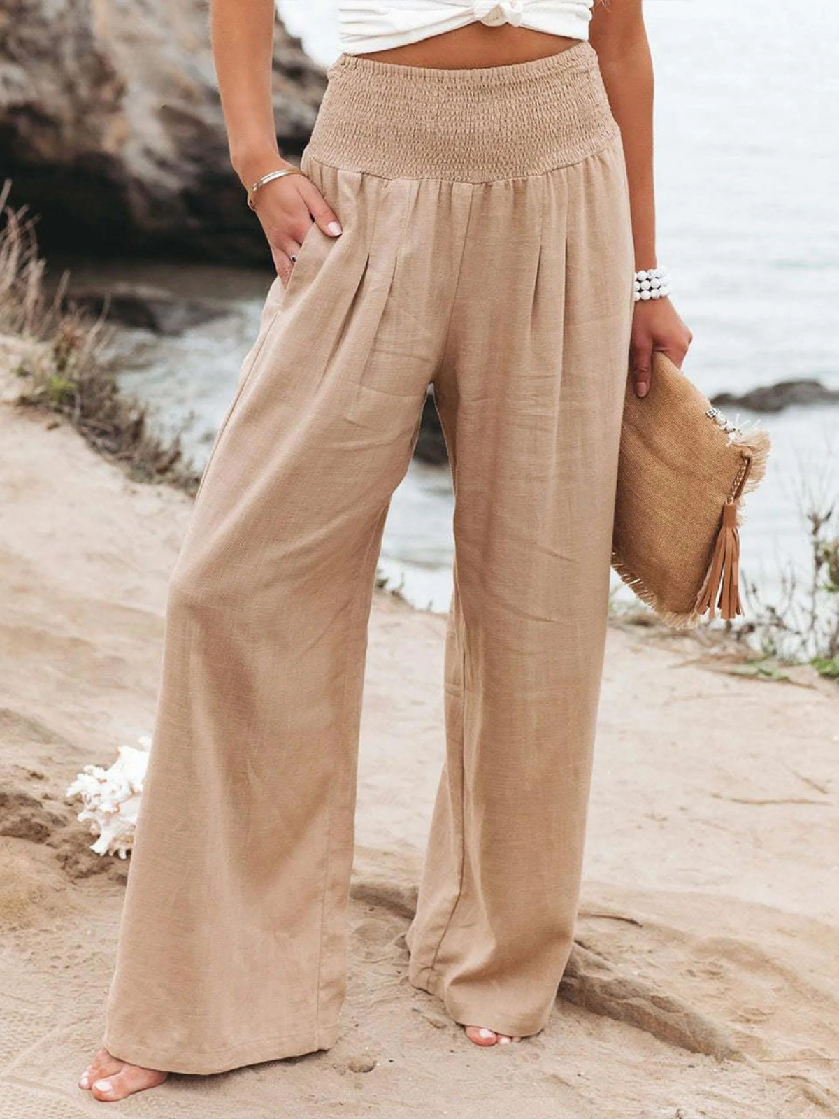 Women's Cotton and Linen Elasticated Waist-waisted Wide-leg Pants