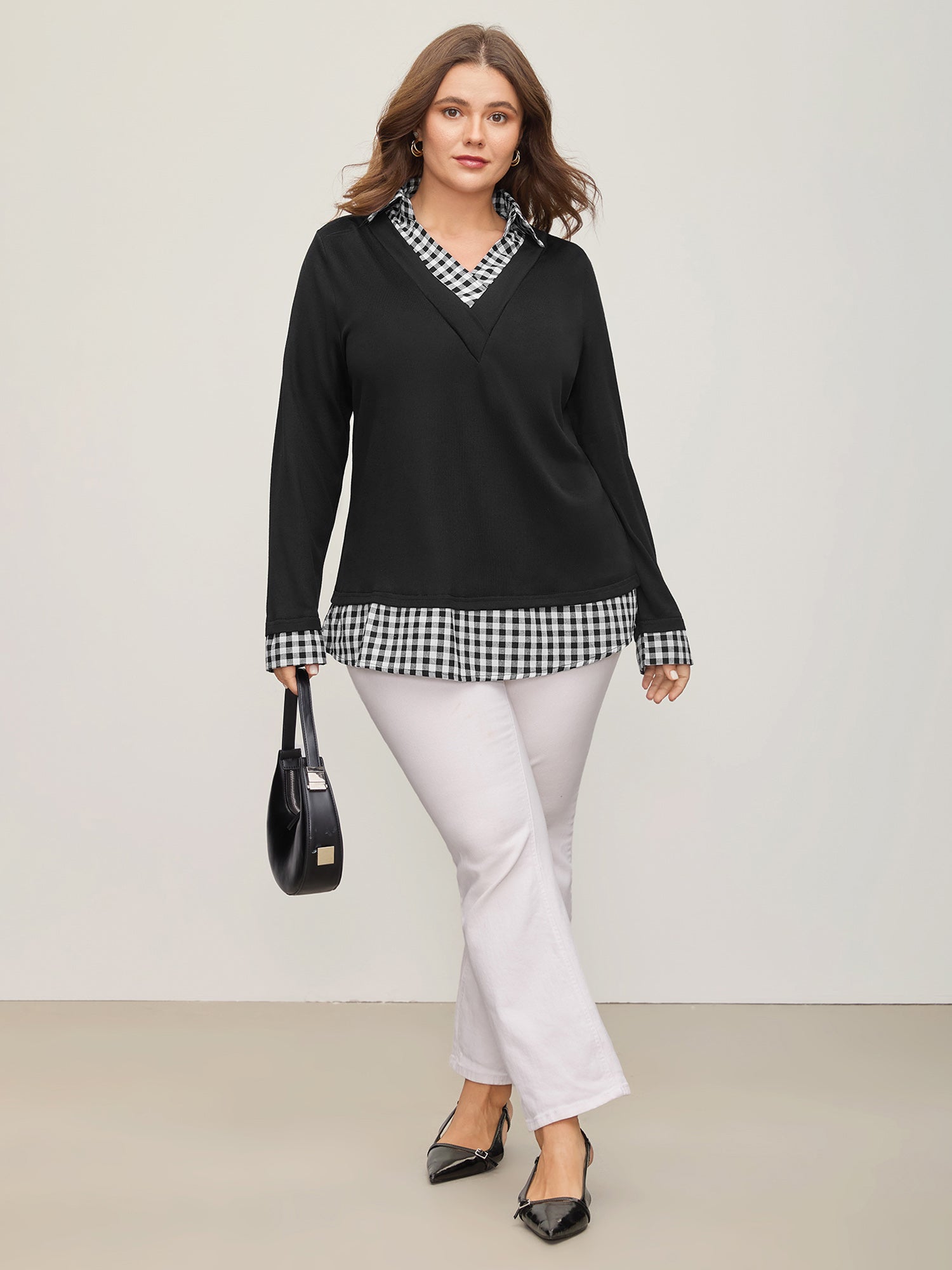 Gingham Patchwork Shirt Collar Arc Hem Sweatshirt