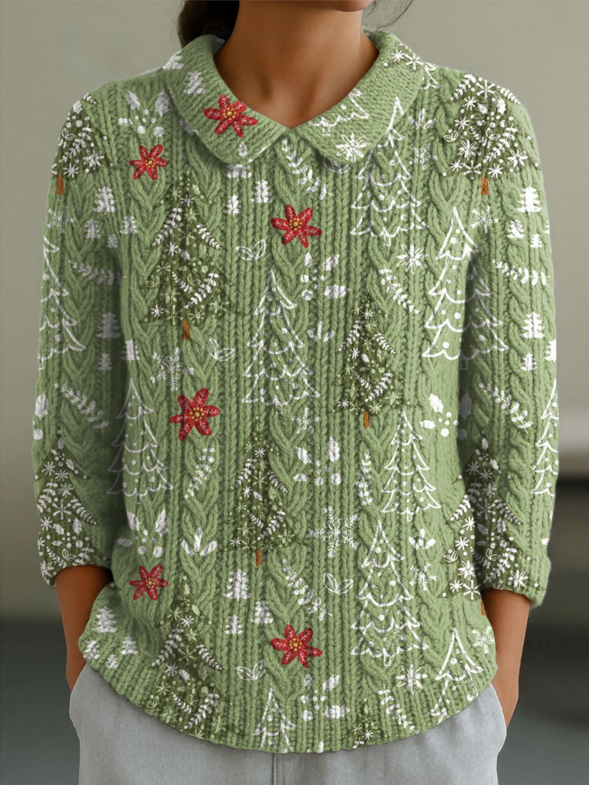 Women's Christmas Tree Art Print Casual Peter Pan Collar 3/4 Sleeve Sweater