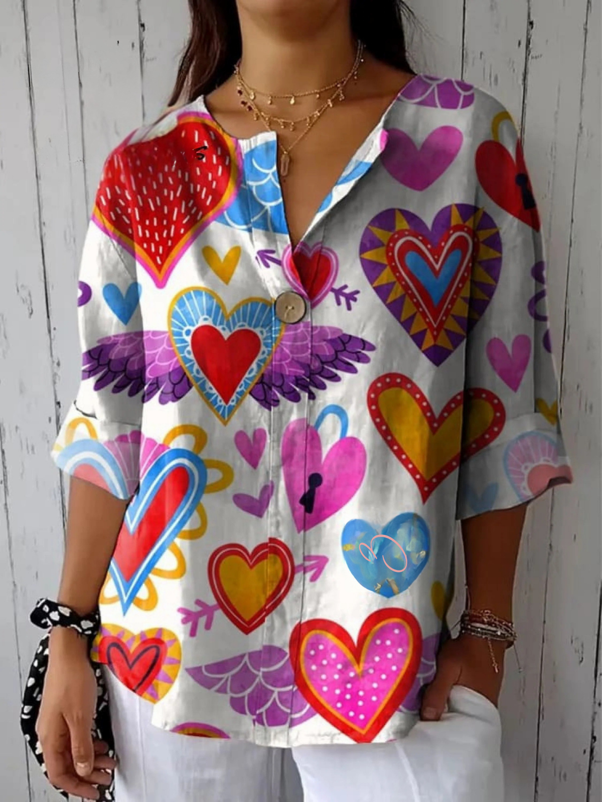 Heart Art Printed Women's Casual Cotton And Linen Shirt