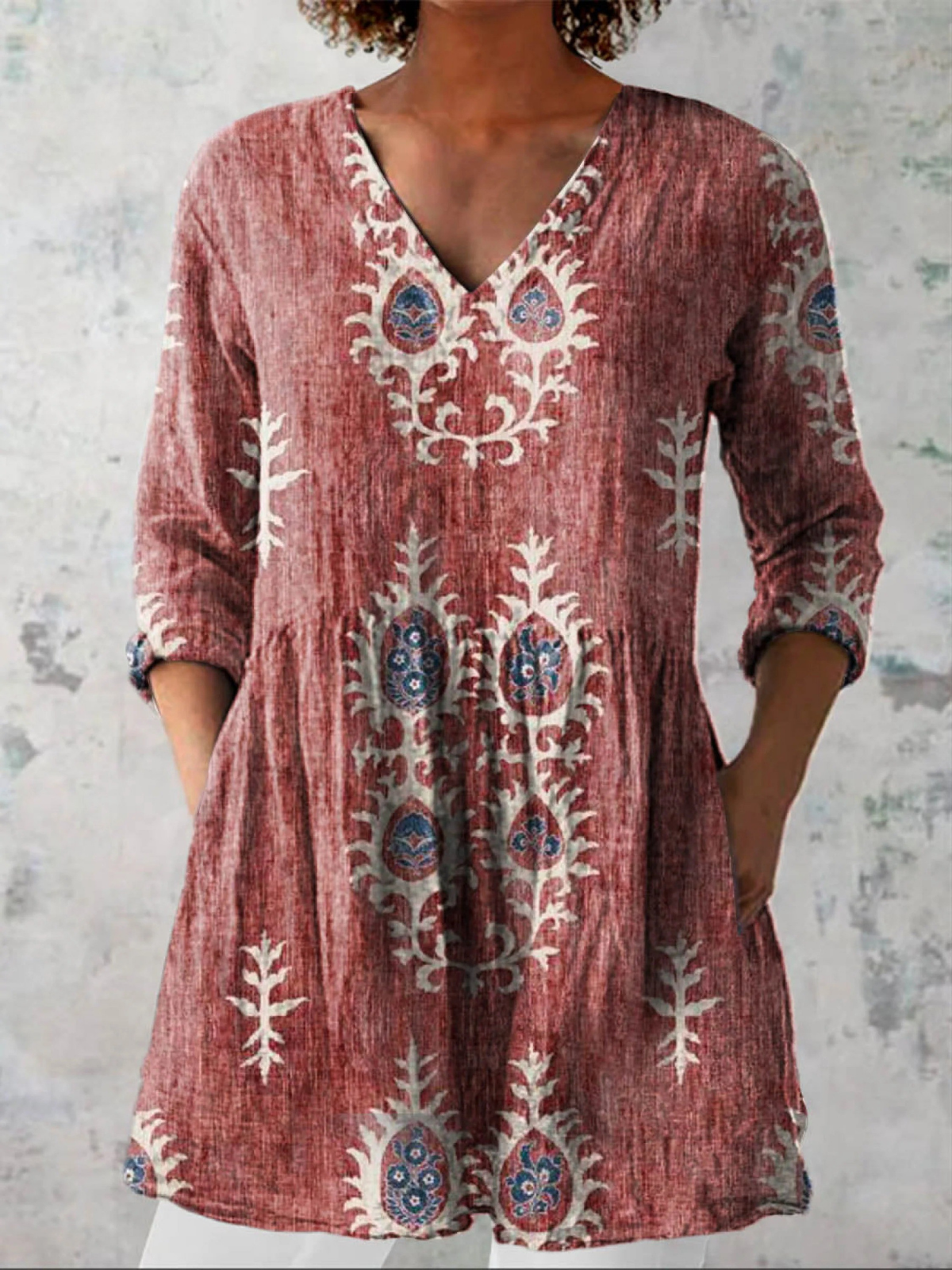 Women's Vintage Ethnic Pattern Art Print Casual Linen V-neck Tunic