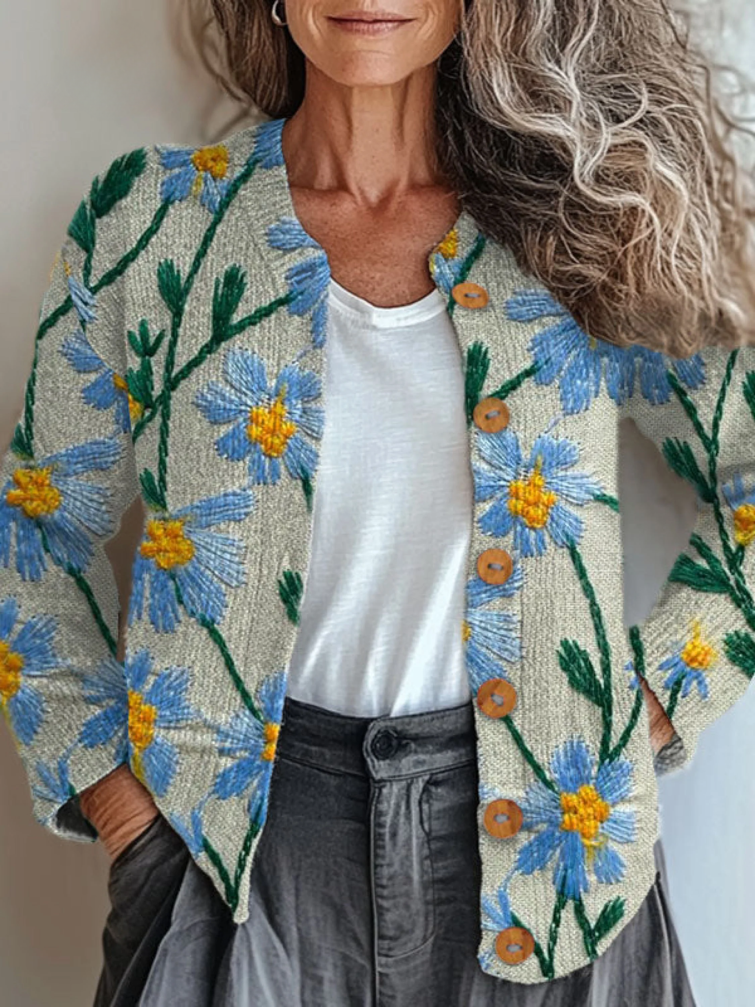 Vintage Flower Art Print Buttoned Cardigan Sweater