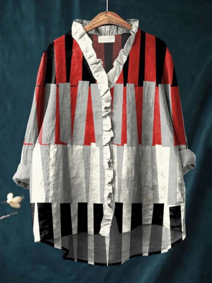 Women's Fashion Color Block Line Art Print Casual Cotton And Linen Ruffle Shirt