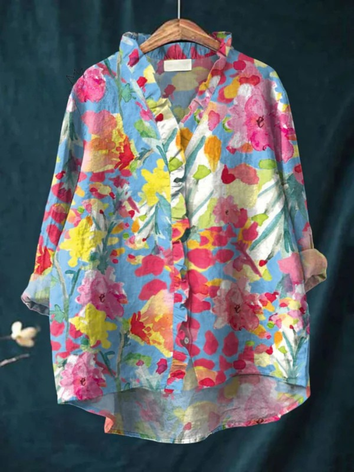 Women's Vintage  Flowers Art Print Casual Cotton And Linen Ruffle Shirt