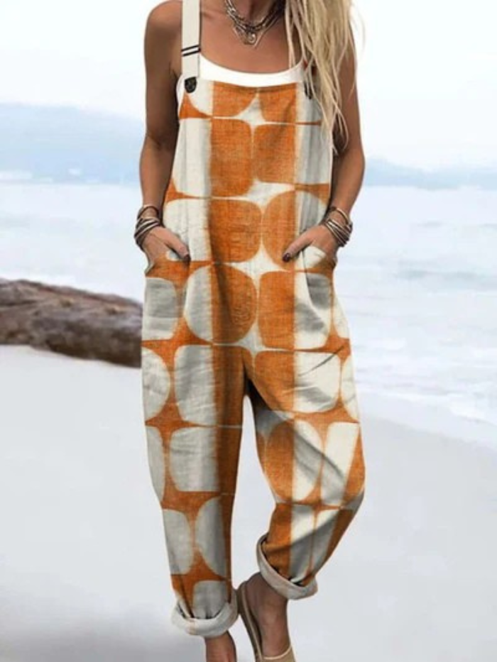 Women's Abstract Geometric Pattern Art Print Casual  Wide Leg Linen Jumpsuit