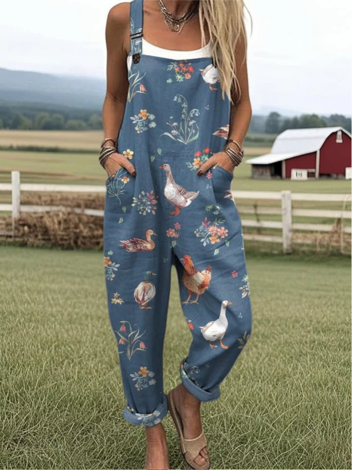 Women's Farm Animal Print Casual Wide Leg Linen Jumpsuit