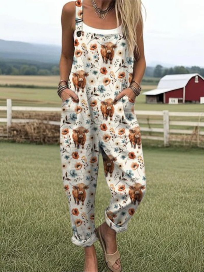 Women's Highland Cow Print Casual Wide Leg Linen Jumpsuit