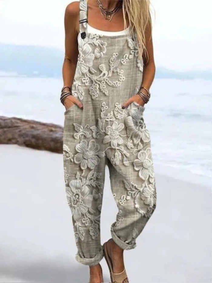 Women's Vintage Floral Pattern Art Print Casual  Wide Leg Linen Jumpsuit