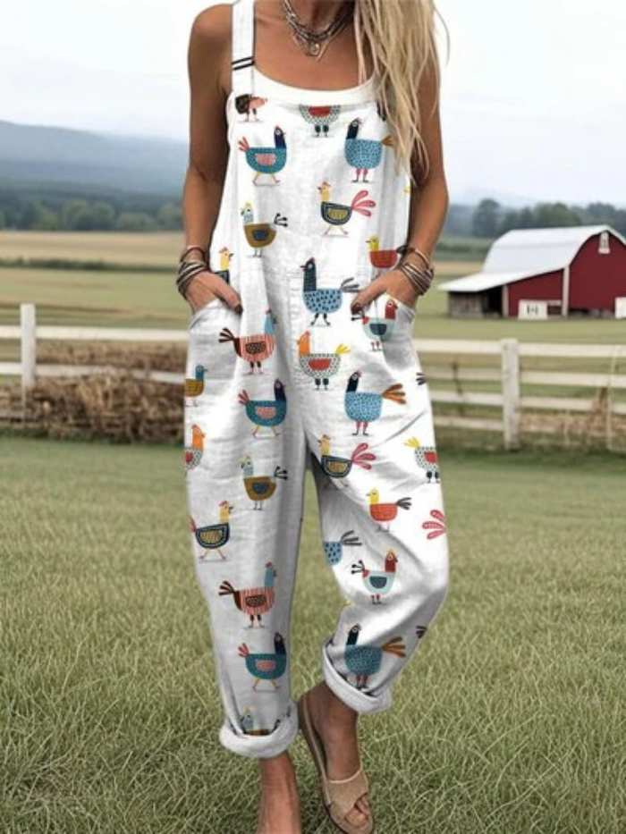 Women's Funny Farm Chicken Pattern Casual Wide Leg Linen Jumpsuit