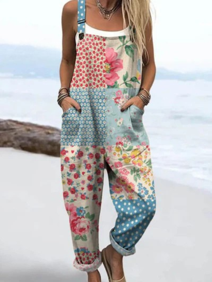 Women's Vintage Floral Patchwork Print Casual  Wide Leg Linen Jumpsuit