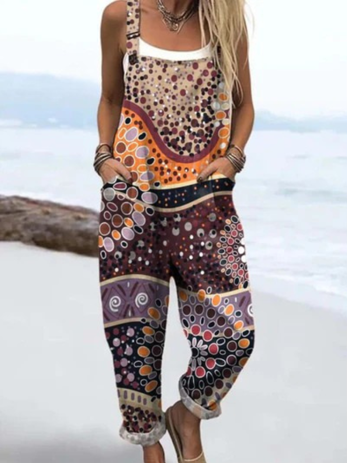 Women's Vintage Geometric Pattern Art Print Casual  Wide Leg Linen Jumpsuit