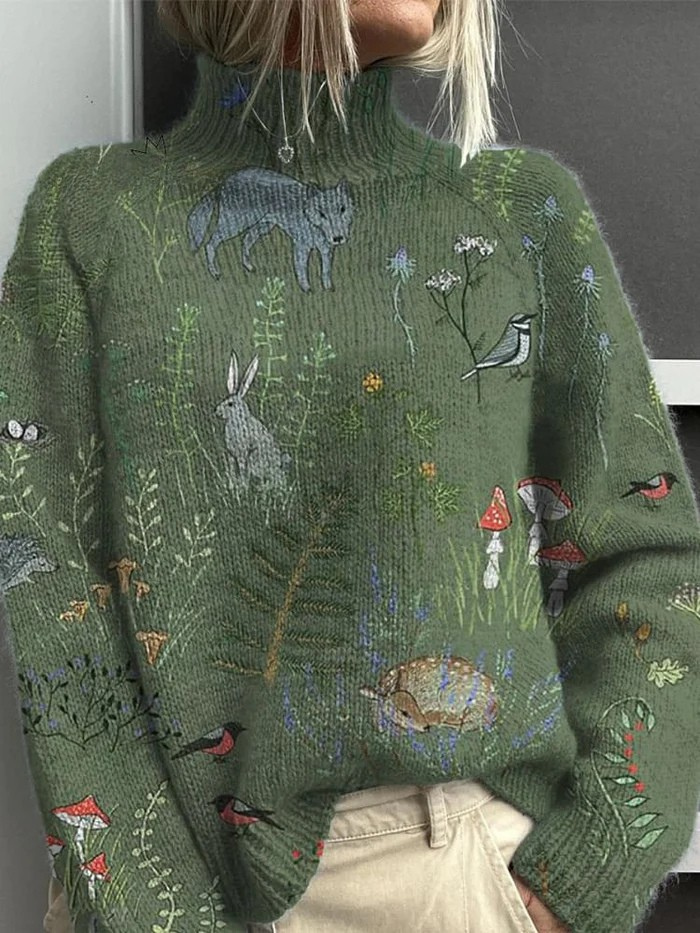 Sweater with a turtleneck featuring forest and animal print