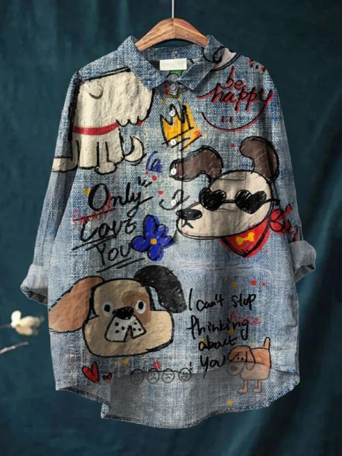 Cute Dog Art Print Casual  Linen Shirt