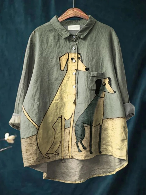 Women's Fun Abstract Puppy Print Casual  Linen Shirt