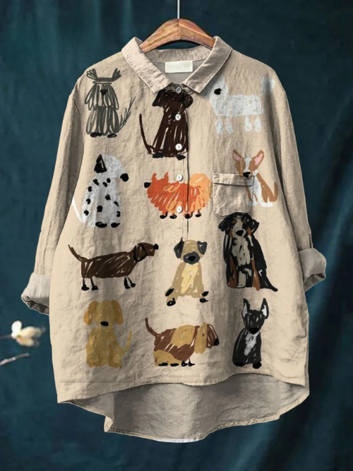 Women's  Dog Art Print Casual  Linen Shirt
