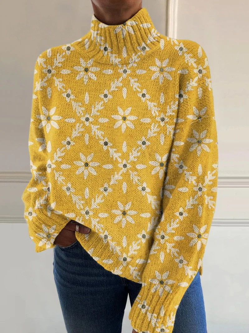 Vintage Color Block Floral Art Print Knit Turtleneck Pullover Sweater