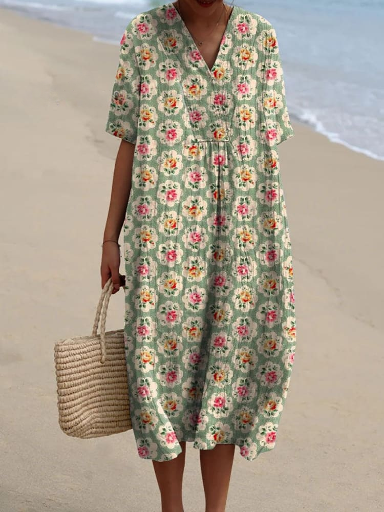 Women's Vintage Floral Art Print Casual Flowy Linen Dress