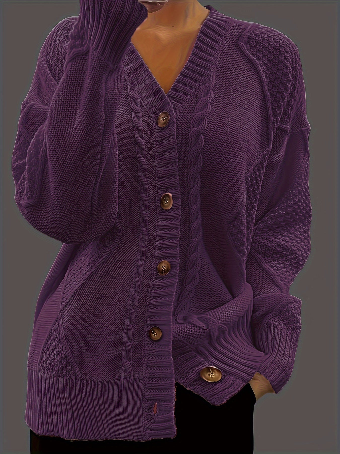 LVLAEA Women's Vintage Rhombus Twist Cable Sweater - V-Neck Button Front Long Sleeve Loose Fit Flared Hem Solid Color Fall Winter Pullover, Cute Sweater, Autumn Wardrobe, Retro Fashion, Durable Fabric