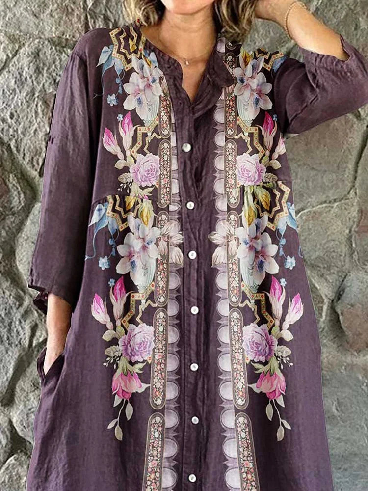 Women's Elegant Floral Print Simple Shirt Cotton Linen Dress