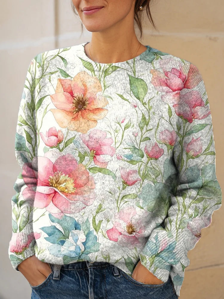 Women's Vintage Artistic Floral Print Knit Pullover Sweater