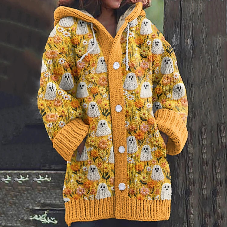 Vintage Floral Ghost Embroidered Knit Hooded Cardigan