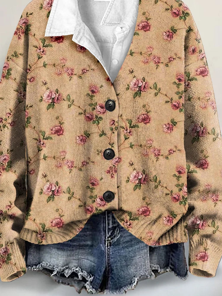 Vintage Foral Art Print Buttoned V-neck Cardigan Sweater