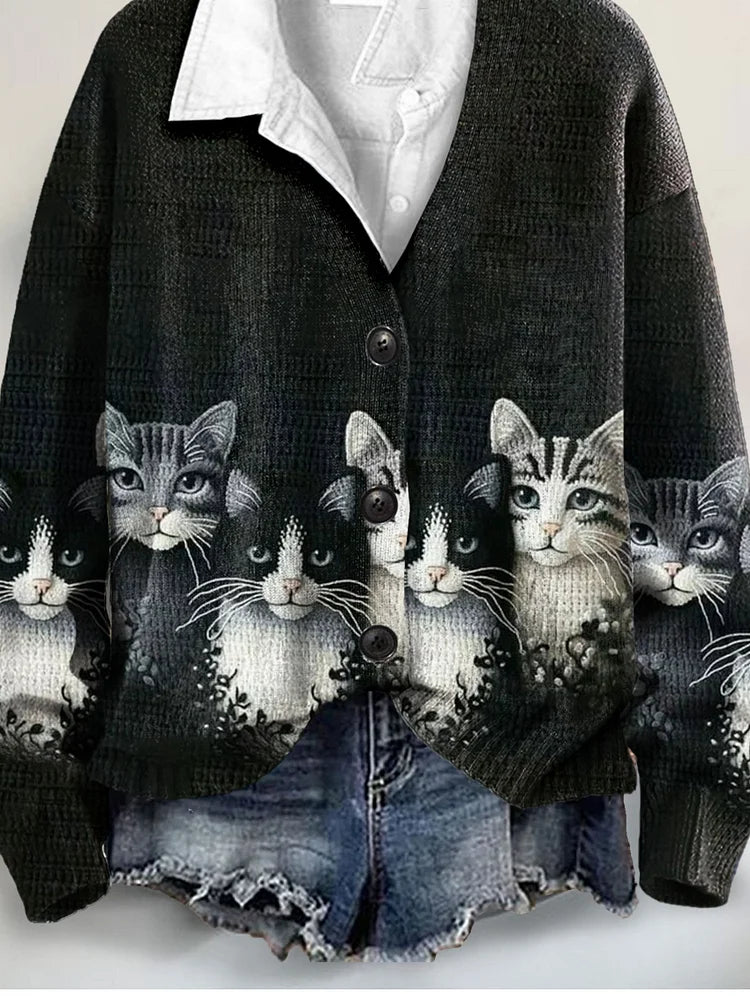 Cat Art Print Buttoned V-neck Cardigan Sweater