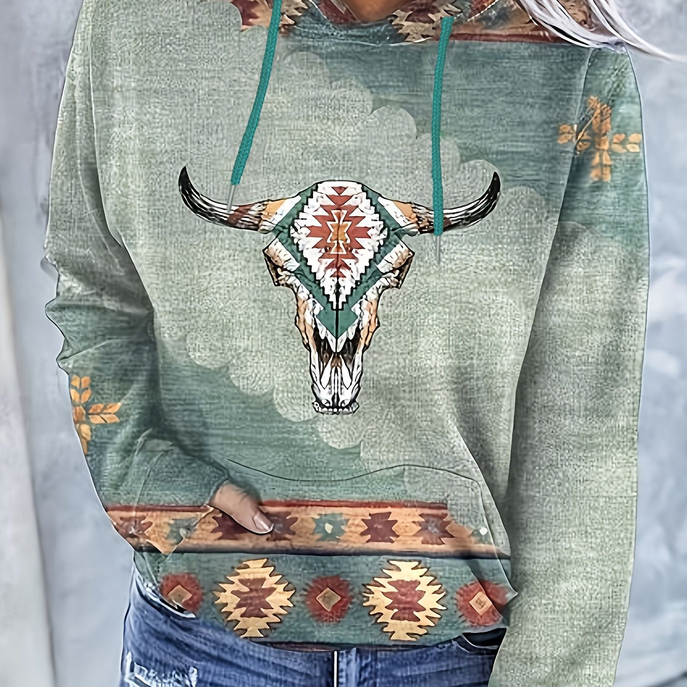 Women's Casual Western Bohemian Pullover Hoodie - Retro Ethnic Print Round Neck Sweatshirt with Adjustable Drawstring, Machine Washable All-Season Comfort, Cute Sweatshirts